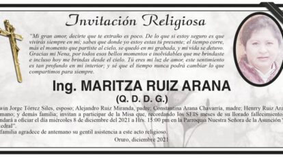 Invitación Religiosa en memoria de Ing. Maritza Ruiz Arana