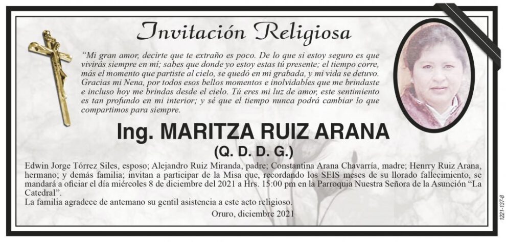 Invitación Religiosa en memoria de Ing. Maritza Ruiz Arana