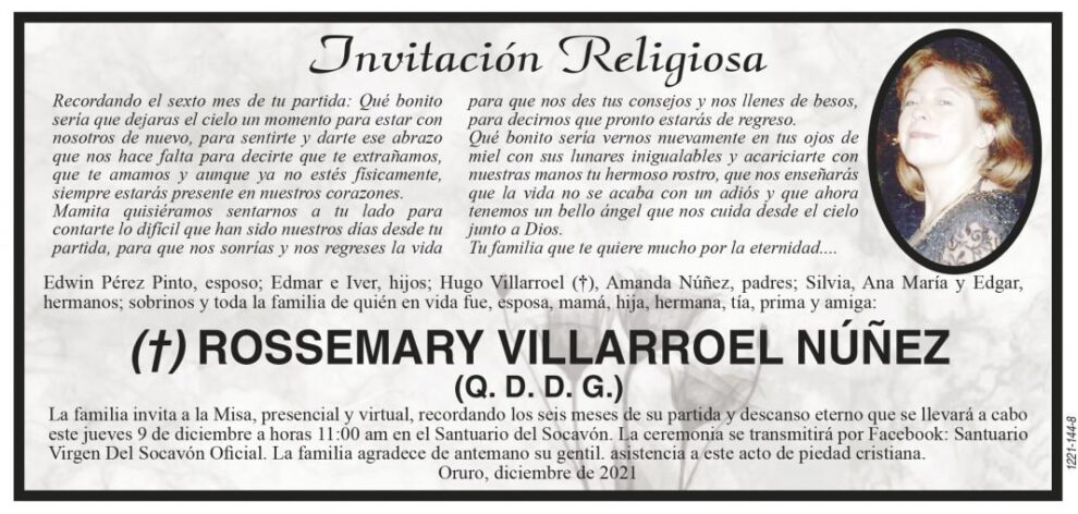 Invitación Religiosa para recordar a Rossemary Villarroel Núñez