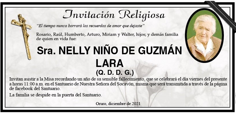 Invitación Religiosa para Nelly Niño de Guzmán Lara