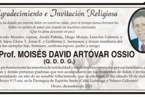Agradecimiento e Invitación Religiosa: Lic. Prof. Moisés David Artóvar Ossio