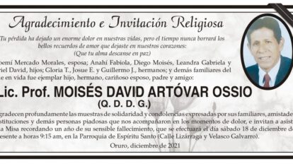 Agradecimiento e Invitación Religiosa: Lic. Prof. Moisés David Artóvar Ossio