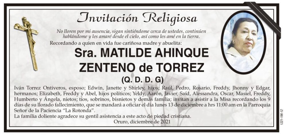 Invitación Religiosa: Matilde Ahinque Zenteno