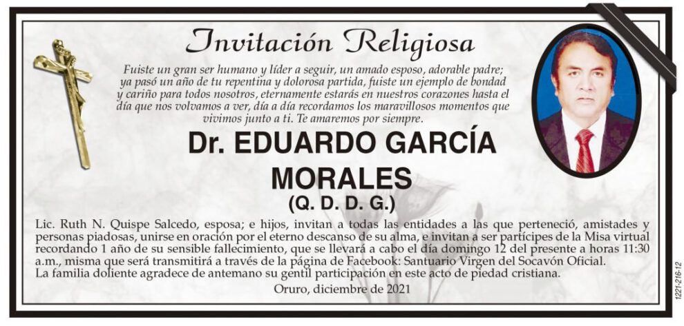 Invitación Religiosa en memoria del Dr. Eduardo García Morales