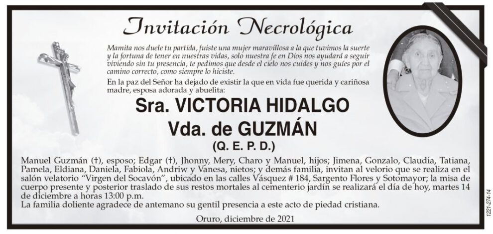Invitación Necrológica: Sra. Victoria Hidalgo Vda. de Guzmán