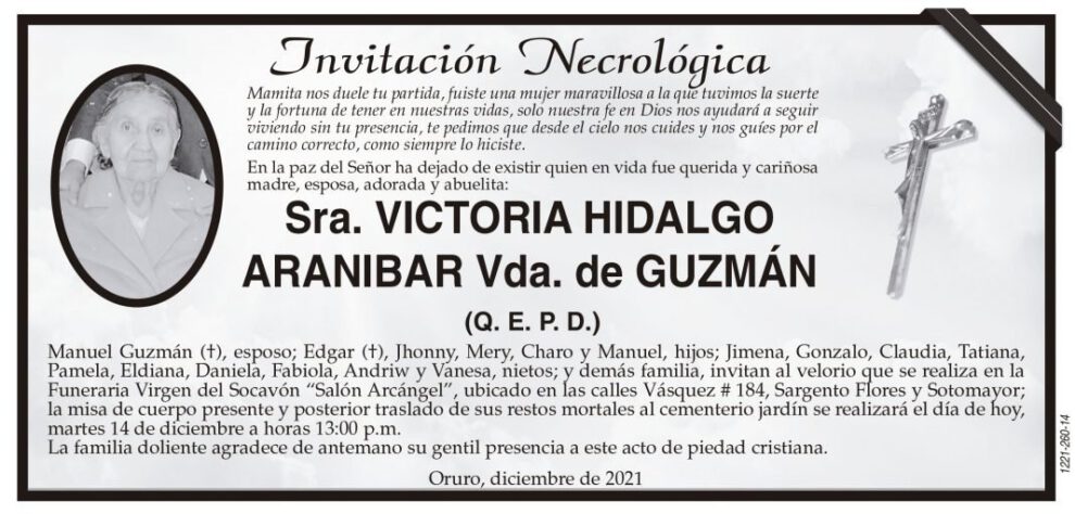 Invitación Necrológica de Victoria Hidalgo Aranibar