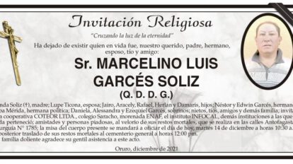 MARCELINO LUIS GARCÉS SOLIZ - Invitación Religiosa