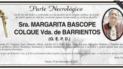 Parte Necrológico de Margarita Bascopé Colque