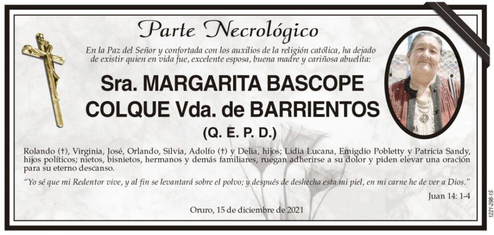 Parte Necrológico de Margarita Bascopé Colque