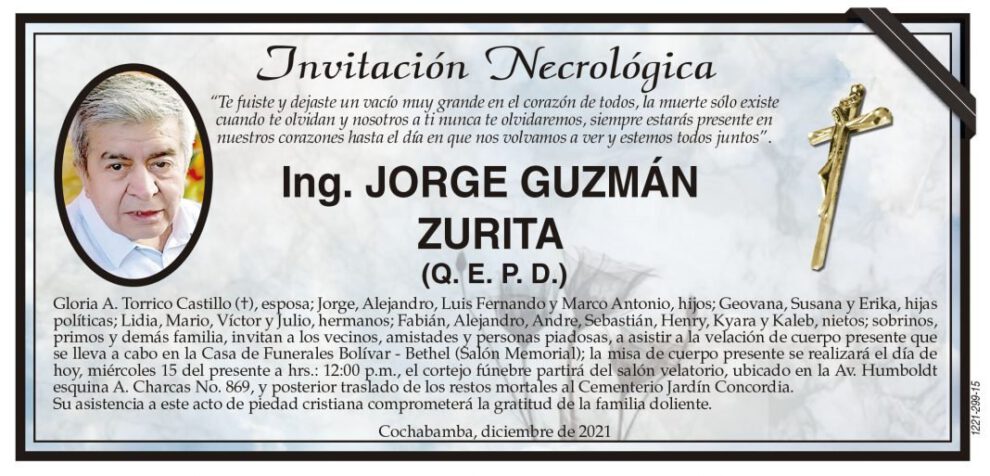 Invitación Necrológica: Ing. Jorge Guzmán Zurita