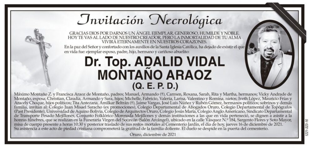 Invitación Necrológica: Dr. Adalid Vidal Montaño Araoz