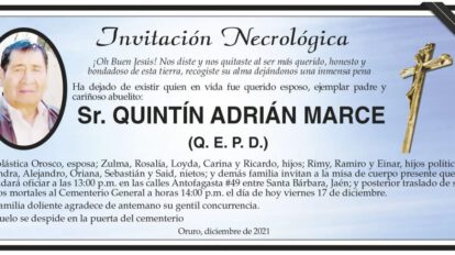 Invitación Necrológica para Quintín Adrián Marce