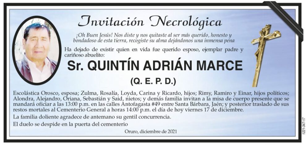 Invitación Necrológica para Quintín Adrián Marce