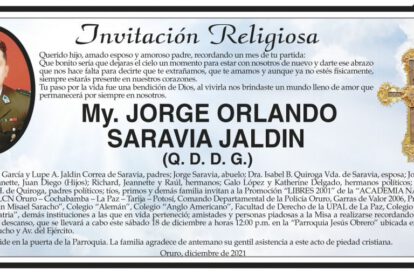 Invitación Religiosa para My. Jorge Orlando Saravia Jaldin