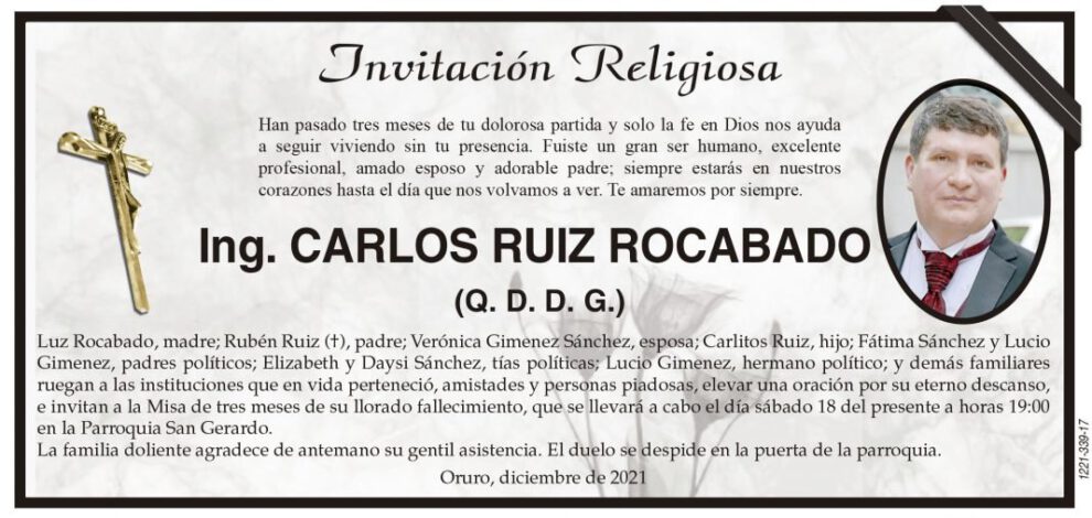 Invitación Religiosa para Ing. Carlos Ruiz Rocabado