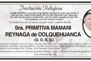Invitación Religiosa en memoria de Primitiva Mamani Reynaga