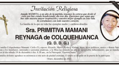 Invitación Religiosa en memoria de Primitiva Mamani Reynaga
