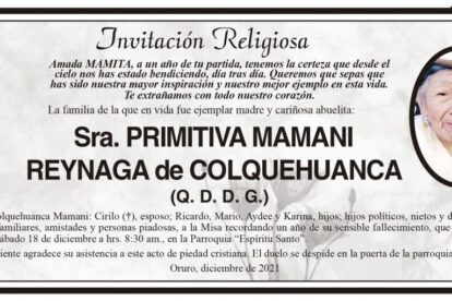 Invitación Religiosa en memoria de Primitiva Mamani Reynaga
