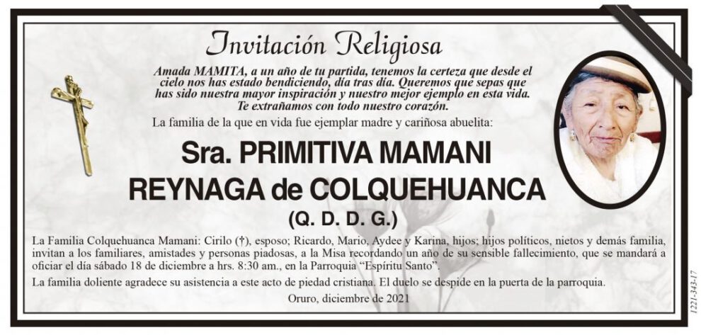 Invitación Religiosa en memoria de Primitiva Mamani Reynaga