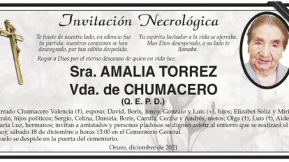 Invitación Necrológica de Amalia Torrez Vda. de Chumacero