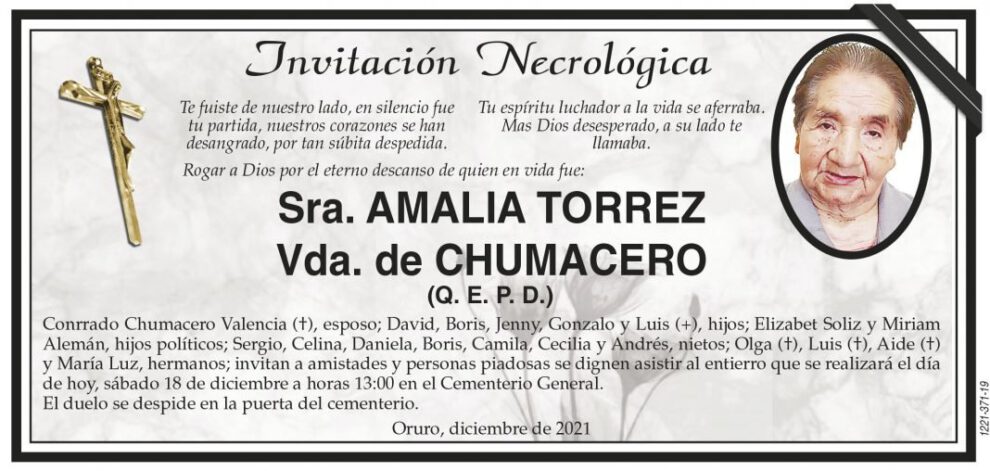 Invitación Necrológica de Amalia Torrez Vda. de Chumacero