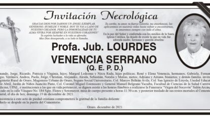 Invitación Necrológica Profa. Jub. LOURDES VENENCIA SERRANO