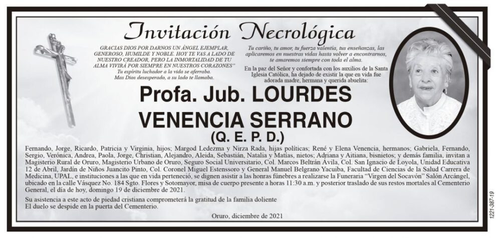 Invitación Necrológica Profa. Jub. LOURDES VENENCIA SERRANO