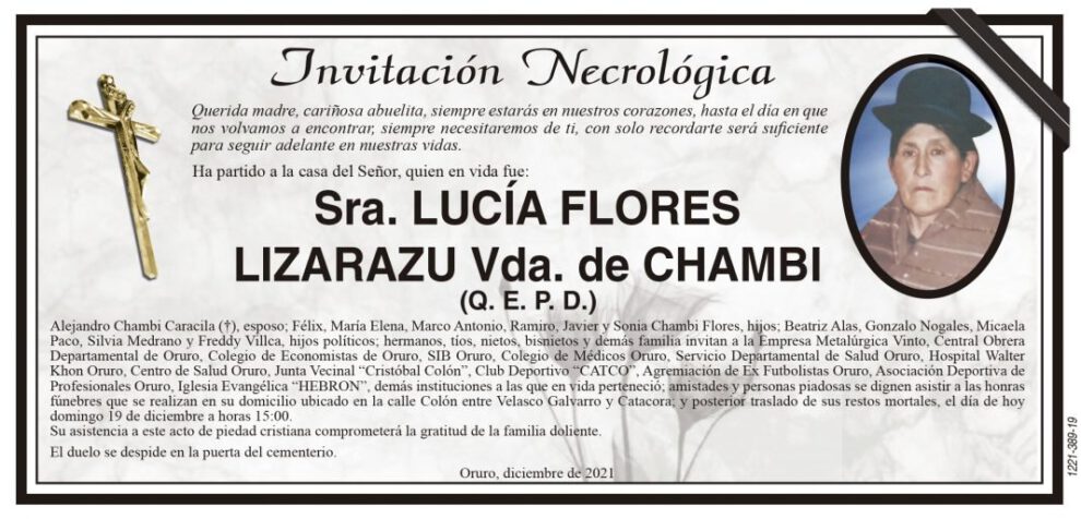 Invitación Necrológica de Lucía Flores Lizarazu
