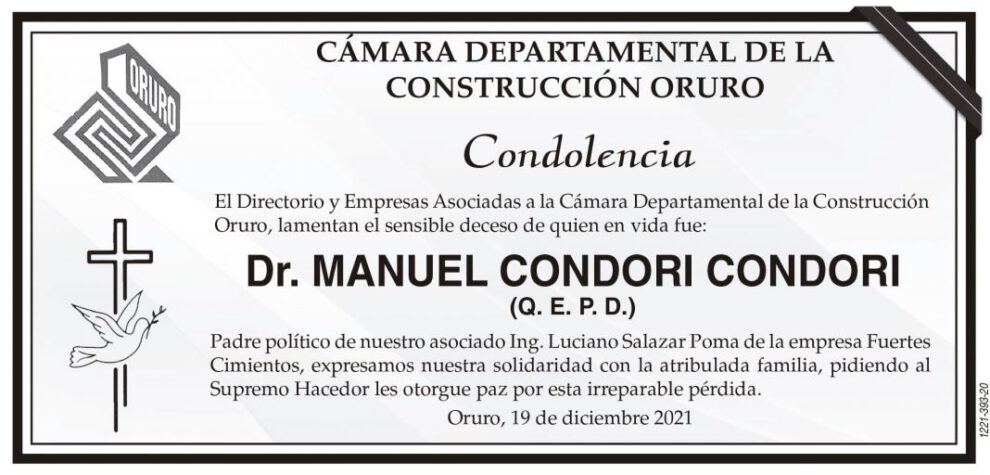 Condolencia por el fallecimiento del Dr. Manuel Condori Condori
