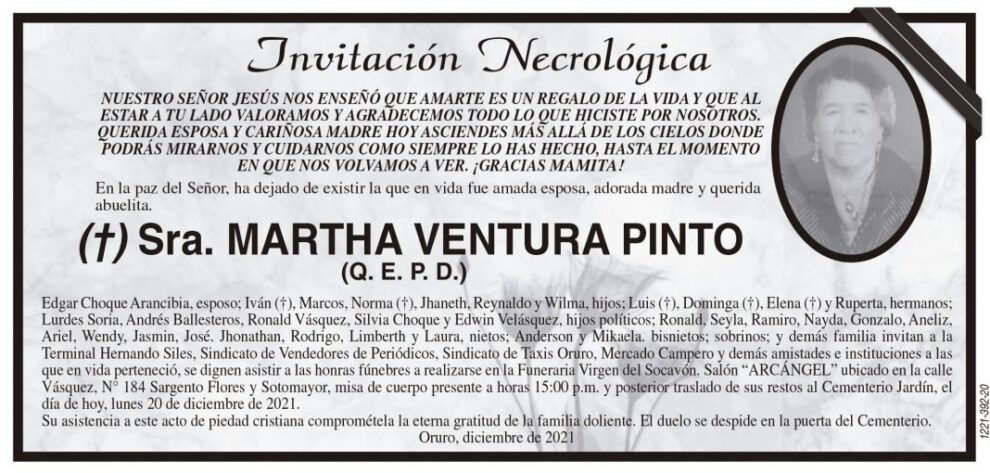Invitación Necrológica de Martha Ventura Pinto