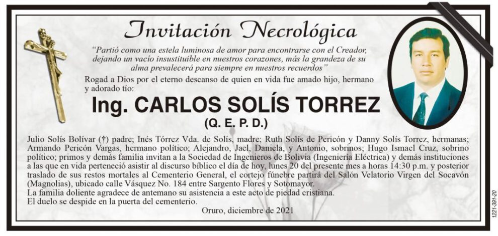 Invitación Necrológica Ing. Carlos Solís Torrez
