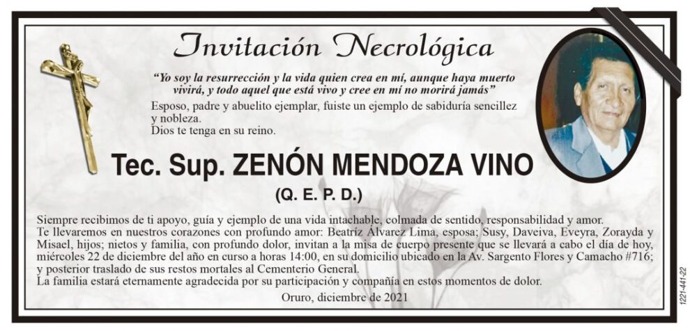 Invitación Necrológica de Zenón Mendoza Vino