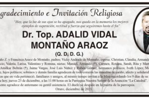 Agradecimiento e Invitación Religiosa por Dr. Top. ADALID VIDAL MONTAÑO ARAOZ