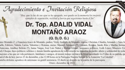 Agradecimiento e Invitación Religiosa por Dr. Top. ADALID VIDAL MONTAÑO ARAOZ