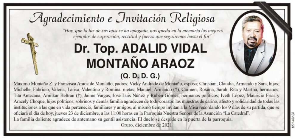Agradecimiento e Invitación Religiosa por Dr. Top. ADALID VIDAL MONTAÑO ARAOZ