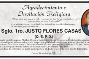 Agradecimiento e Invitación Religiosa: Sgto. 1ro. Justo Flores Casas