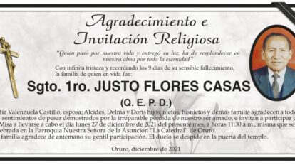 Agradecimiento e Invitación Religiosa: Sgto. 1ro. Justo Flores Casas