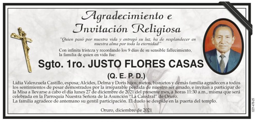 Agradecimiento e Invitación Religiosa: Sgto. 1ro. Justo Flores Casas