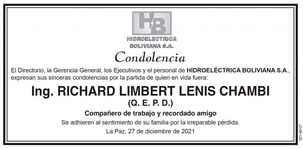 Condolencia por Richard Limbert Lenis Chambi
