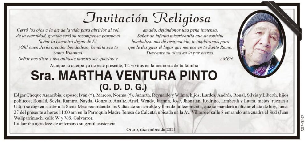 Obituario de Martha Ventura Pinto