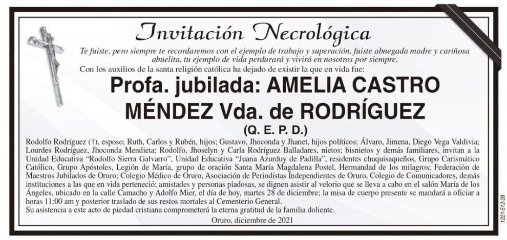 Invitación Necrológica: Amelia Castro Méndez
