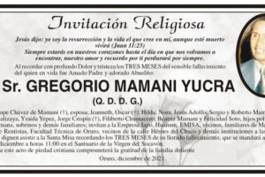 Invitación Religiosa para Gregorio Mamani Yucra