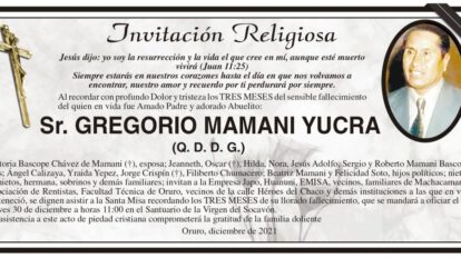 Invitación Religiosa para Gregorio Mamani Yucra