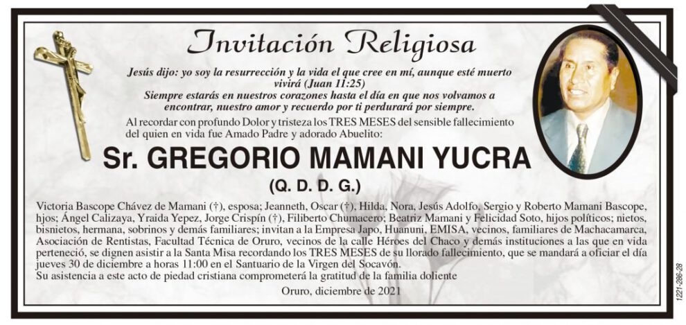 Invitación Religiosa para Gregorio Mamani Yucra
