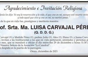Agradecimiento e Invitación Religiosa: Prof. Srta. Ma. Luisa Carvajal Pérez