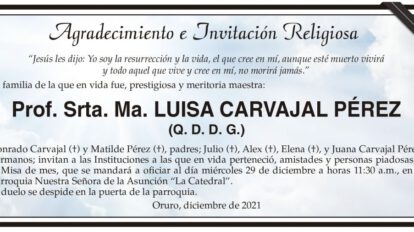 Agradecimiento e Invitación Religiosa: Prof. Srta. Ma. Luisa Carvajal Pérez
