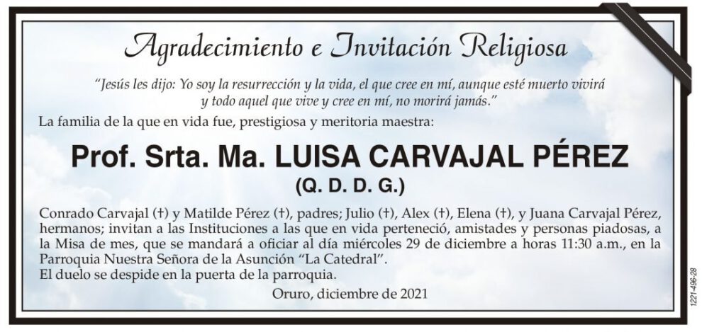 Agradecimiento e Invitación Religiosa: Prof. Srta. Ma. Luisa Carvajal Pérez