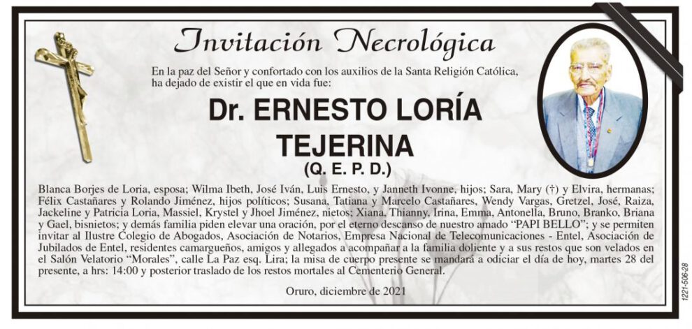 Invitación Necrológica: Dr. Ernesto Loría Tejerina