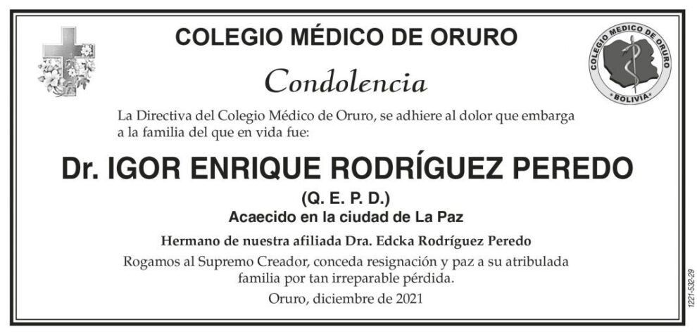 Condolencia por el fallecimiento del Dr. Igor Enrique Rodríguez Peredo
