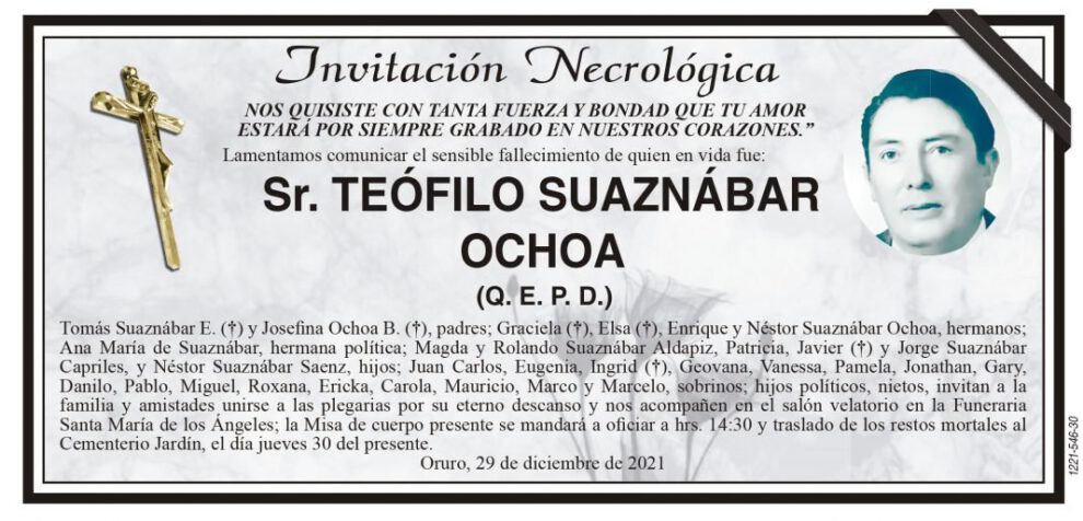 Invitación Necrológica: Sr. Teófilo Suaznábar Ochoa